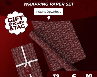 Burgundy Christmas Wrapping Paper + Sticker + Tag Set – Elegant Printable Holiday Bundle