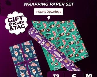 Colorful Christmas Wrapping Paper + Sticker + Tag Set – Printable Holiday Bundle