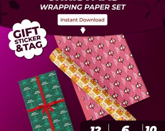 olorful Christmas Wrapping Paper + Sticker + Tag Set – Festive Printable Holiday Bundle