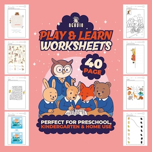 May include: A set of children's worksheets titled "Play & Learn Worksheets", with the text "40 Page". The cover shows cartoon animals. The worksheets are on a pink background and include activities suitable for preschool and kindergarten children.