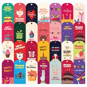 Könnte beinhalten: Eine Sammlung farbenfroher Geburtstags-Geschenkanhänger. Jeder Anhänger zeigt die Aufschrift "Happy Birthday" sowie Geburtstagsmotive wie Kuchen, Geschenke und Tiere. Die Anhänger sind in Rot-, Blau-, Grün- und Lilatönen gehalten.