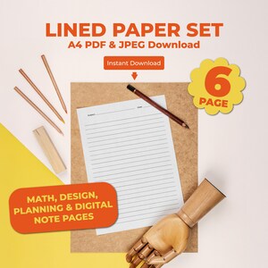 Puede incluir: Un juego de papel rayado con el texto "LINED PAPER SET" y "A4 PDF & JPEG Download". La imagen incluye lápices, una mano de madera y el texto "MATH, DESIGN, PLANNING & DIGITAL NOTE PAGES". Un gráfico amarillo en forma de flor muestra el número "6" y la palabra "PAGE".