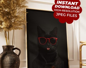 Black Cat with Red Glasses – Printable Wall Art