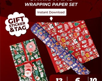 Christmas Wrapping Paper Set – 6 Gift Wraps + 12 Stickers + 10 Tags (Printable PDF)