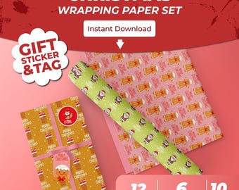Christmas Wrapping Paper + Sticker + Tag Set – Colorful Printable Holiday Bundle