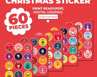 60 Christmas Stickers – Print Ready PDF | 6x6 cm | 5 A4 Sheets