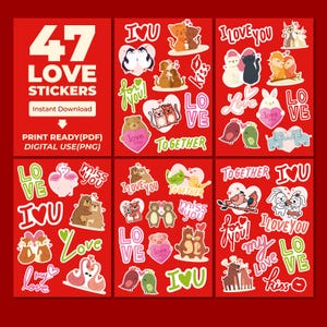 Puede incluir: Un conjunto de 47 pegatinas de amor con ilustraciones de animales, corazones y frases románticas como "Te amo" y "Juntos". Disponibles para descarga instantánea, estas pegatinas están diseñadas para impresión y uso digital, sobre un fondo rojo.