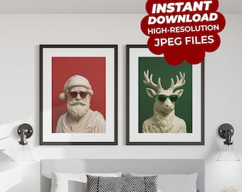 Santa & Reindeer Statue Portrait Set – Modern Christmas Printable Wall Art
