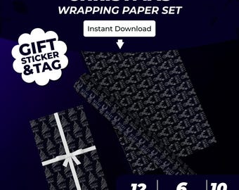 Navy Blue Christmas Wrapping Paper + Sticker + Tag Set – Elegant Printable Holiday Bundle