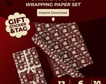 Burgundy Christmas Wrapping Paper + Sticker + Tag Set – Vintage Holiday Printable Bundle