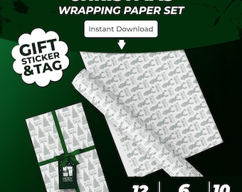 Green Christmas Wrapping Paper + Sticker + Tag Set – Printable Holiday Bundle