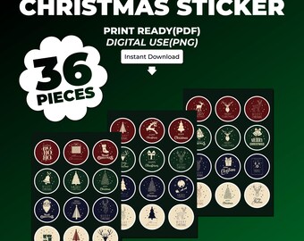 36 Christmas Stickers – Print Ready PDF – 6×6 cm – Instant Download