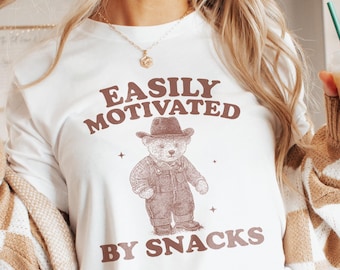 Easily Motivated By Snacks Shirt, Funny Food Quote Tee, Lazy Humor Snack Lover T-Shirt, Gifts for her, Girlfriend gifts