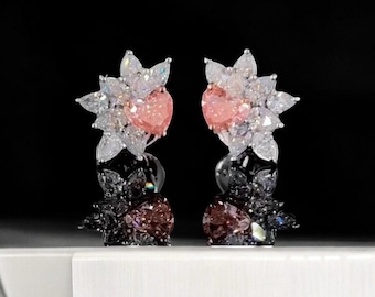 Heart Stud Earrings, Pink Cubic Zirconia Floral Design in Sterling Silver