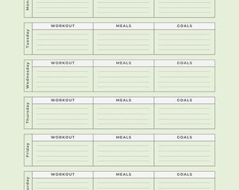 Planificador semanal de fitness, registro de comidas para entrenamientos, establecimiento de objetivos (descarga en PDF)