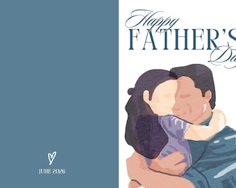 Tarjeta de felicitación "Abrazo entre padre e hija", ilustración en acuarela, Feliz Día del Padre (Descarga digital)