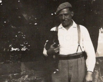 Vintage Photograph - Man Stood with Small Dog Under His Arm