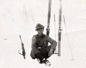 Vintage Photo - Italian Alpine Soldier (Alpini) Sat in the Snow in Riale, Italy