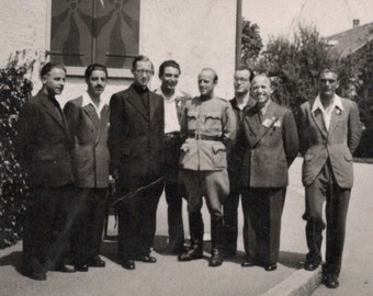 Vintage 1940's Black and White Photo - Group of Men with a Soldier