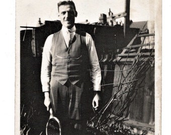 Vintage Black and White Photo - Man with a Tennis Racquet