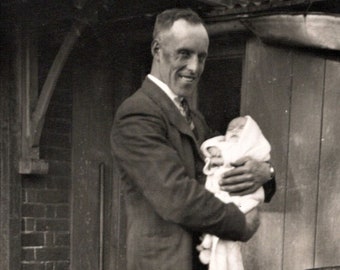 Vintage Black & White Photo Postcard - Man with a Young Baby