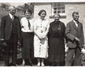 Vintage Photo - Group of Five People Stood Outside a Cottage