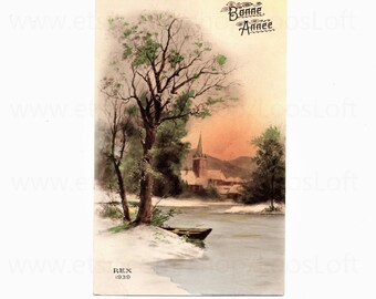 French New Year Postcard - Riverside Winter Scene