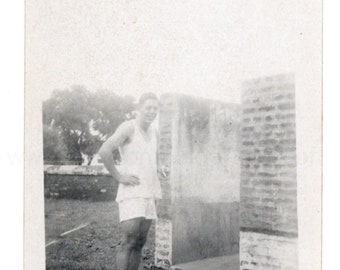 Vintage Snapshot Photo - Man Stood Outside in Vest and Shorts with a Cigarette