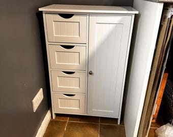 Wood Bathroom Storage Cabinet with 4 Drawers & Adjustable Shelf – Compact Organizer for Bathroom, Kitchen, or Entryway Gift