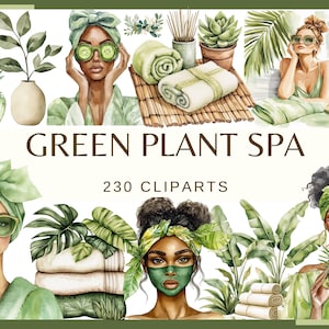 GREEN PLANT SPA - 230 clip arts (png, 300 dpi, Natural Spa Day png | Groen en beige wellness, botanische schoonheid, zelfzorgelementen)