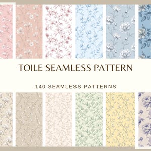 Op de afbeelding: Een verzameling naadloze patronen in verschillende kleuren, waaronder roze, perzik, rood, blauw en geel. De patronen tonen bloemen- en botanische ontwerpen. De tekst "TOILE SEAMLESS PATTERN" en "140 SEAMLESS PATTERNS" zijn zichtbaar.