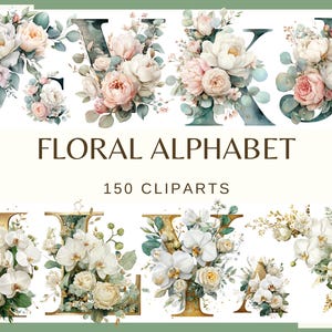 Pode incluir: Clipart digital do alfabeto floral com letras adornadas com flores em aquarela em tons de branco, rosa e verde. A imagem inclui o texto "FLORAL ALPHABET" e "150 CLIPARTS".