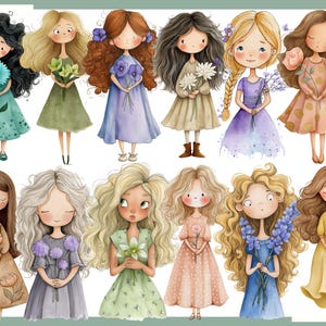 May include: Watercolor illustrations of eleven cartoon girls, each with unique hairstyles and dresses. The girls are holding flowers of various colors, including blue, green, and yellow. The overall theme is whimsical and artistic.