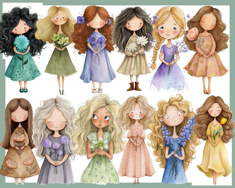 May include: Watercolor illustrations of eleven cartoon girls, each with unique hairstyles and dresses. The girls are holding flowers of various colors, including blue, green, and yellow. The overall theme is whimsical and artistic.