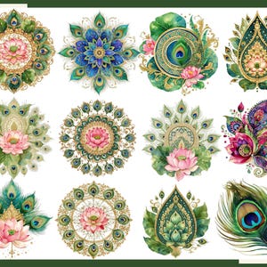 K&ouml;nnte beinhalten: Eine Sammlung von zw&ouml;lf digitalen Illustrationen mit komplexen Mandalamustern, rosa Lotusbl&uuml;ten und leuchtenden Pfauenfedern. Die Designs enthalten goldene Akzente, tiefgr&uuml;nes Blattwerk und verzierte kreisf&ouml;rmige oder tropfenf&ouml;rmige Motive.