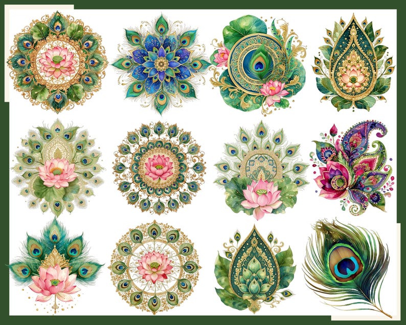 K&ouml;nnte beinhalten: Eine Sammlung von zw&ouml;lf digitalen Illustrationen mit komplexen Mandalamustern, rosa Lotusbl&uuml;ten und leuchtenden Pfauenfedern. Die Designs enthalten goldene Akzente, tiefgr&uuml;nes Blattwerk und verzierte kreisf&ouml;rmige oder tropfenf&ouml;rmige Motive.