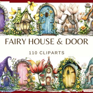 Peut inclure: Un ensemble de 110 images clipart numériques représentant des maisons et des portes de fées fantastiques. Les illustrations sont réalisées dans un style aquarelle avec des couleurs vives et des détails complexes. Les maisons sont décorées de fleurs, de vignes et d'autres éléments naturels. Les portes sont peintes dans différentes couleurs et présentent des motifs uniques.