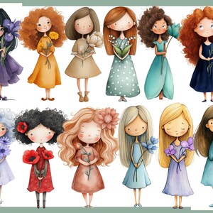 May include: A collection of watercolor illustrations of girls holding flowers. Each girl has unique hair and dress colors, including purple, yellow, tan, green, blue, red, and peach. The flowers include irises, sunflowers, white flowers, lilies, and poppies.