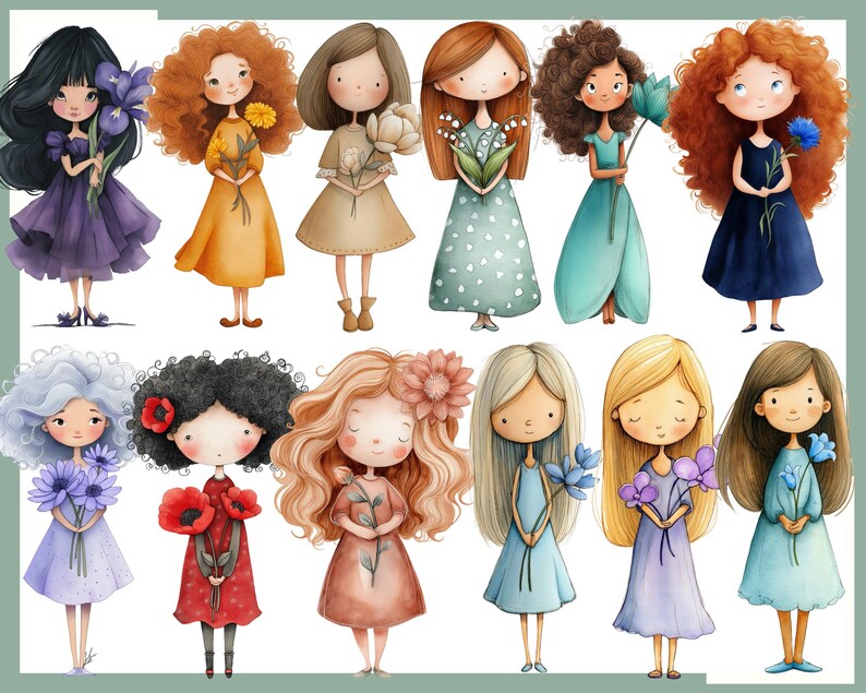 May include: A collection of watercolor illustrations of girls holding flowers. Each girl has unique hair and dress colors, including purple, yellow, tan, green, blue, red, and peach. The flowers include irises, sunflowers, white flowers, lilies, and poppies.