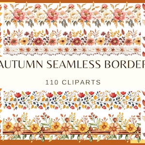 Puede incluir: Bordes sin costuras de acuarela con diseños florales otoñales. La imagen presenta varios arreglos florales con flores en tonos naranja, rojo y amarillo. También se incluye el texto "AUTUMN SEAMLESS BORDER" y "110 CLIPARTS".