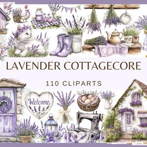 Puede incluir: Ilustración en acuarela con temática cottagecore de lavanda. La imagen presenta una variedad de elementos, incluyendo una casita para pájaros, un gato, un conejo, botas y una casa, todos adornados con lavanda. El texto dice "LAVENDER COTTAGECORE" y "110 CLIPARTS."
