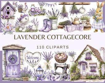 Clipart Cottagecore della foresta di lavanda: acquerello bosco PNG (download digitale)