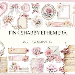 Può includere: Una collezione di elementi di clip art rosa shabby ephemera. L'immagine presenta vari disegni ad acquerello, tra cui rose, fiocchi, etichette, cornici e un design a forma di cuore. Il testo "PINK SHABBY EPHEMERA" e "270 PNG CLIPARTS" sono anche visibili.