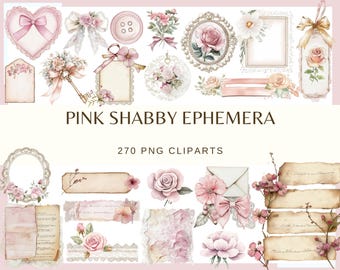 Shabby Pink Ephemera: 270 PNG, 300 DPI (Jedes Bild auf einer Seite mit transparentem Hintergrund, Kommerzielle Nutzung)