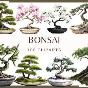 May include: A collection of bonsai tree cliparts in various styles. The image features several bonsai trees with different shapes, including some with flowers and one with a dragon. The text "BONSAI 100 CLIPARTS" is displayed in the center.