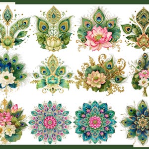 K&ouml;nnte beinhalten: Eine Sammlung von zw&ouml;lf digitalen Illustrationen mit komplizierten Pfauenfeder-Motiven, Lotusblumen und Mandala-Mustern in Smaragdgr&uuml;n, Petrol, Gold und Pink, die in einem Raster auf einem schlichten wei&szlig;en Hintergrund angeordnet sind.