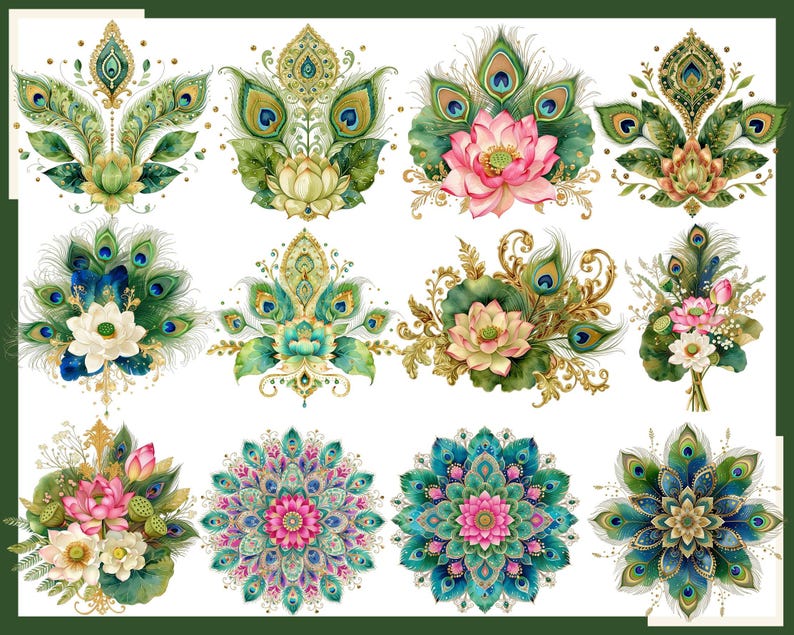 K&ouml;nnte beinhalten: Eine Sammlung von zw&ouml;lf digitalen Illustrationen mit komplizierten Pfauenfeder-Motiven, Lotusblumen und Mandala-Mustern in Smaragdgr&uuml;n, Petrol, Gold und Pink, die in einem Raster auf einem schlichten wei&szlig;en Hintergrund angeordnet sind.
