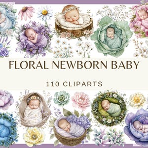 FLORAL NEWBORN BABY - 110 watercolor clip arts (Png, 300 dpi, commercial use, Baby shower, Nursery Decor, Birthday Party baby girl boy)