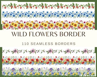 May include: A collection of watercolor floral borders featuring strawberries, blue cornflowers, sunflowers, poppies, and pansies. The text reads "WILD FLOWERS BORDER" and "110 SEAMLESS BORDERS". These borders are ideal for crafting and design projects.