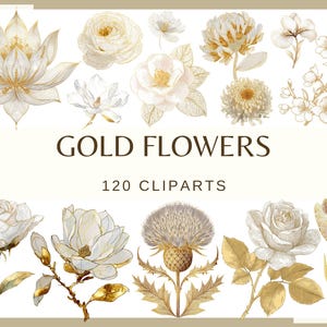 May include: A collection of gold and white floral clip art elements. The image features various flower types, including roses, magnolias, and lotus flowers, with gold accents. Text reads "GOLD FLOWERS" and "120 CLIPARTS".